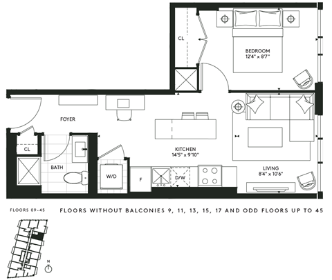 Floor plan for 1 bed, 1 bath, 525 sqft